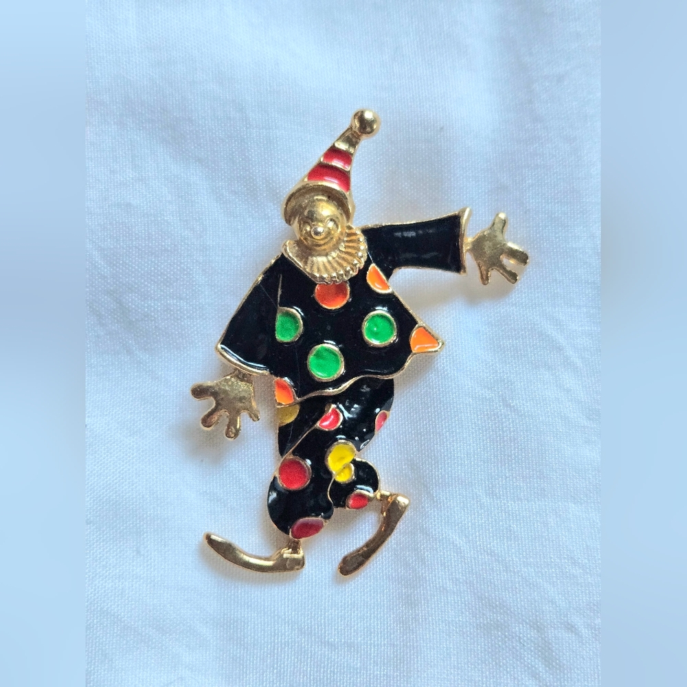 Vintage Articulating Polka-Dot Clown Brooch Pendant Enamel on Original Card
